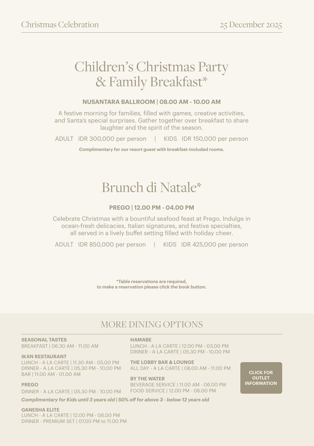 Prego Brunch di Natale and Westin family Christmas breakfast programme for 2025