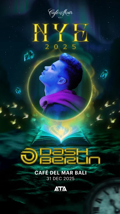 Dash Berlin New Year’s Eve 2025 event poster for Caf&eacute; del Mar Bali